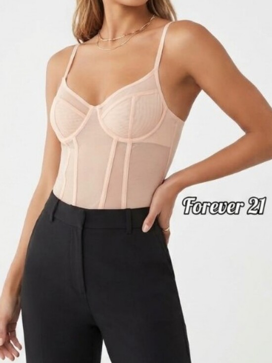 Forever 21 Other - Forever 21 Mesh Panel Bustier Cami Bodysuit. Light Pink/Nude sheer mesh & Satin